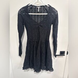 Free People Intamately Black Lace Fit & Flare Long Sleeve Mini Dress XS